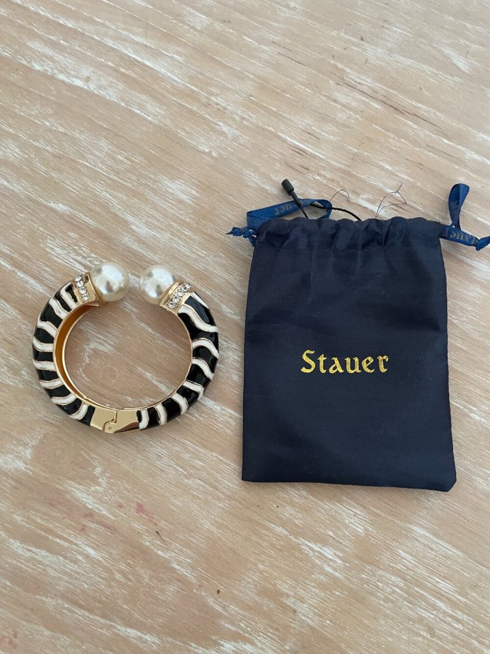 Stauer Gold-Tone Animal Print Hinged Cuff Bracelet w/ Pearl Terminals